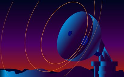 Satellite dish transmits and receives radio frequency signals in a graphic style, sci-fi, cyberpunk, blue and red tones.